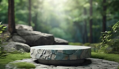 Free Photo 3d render of granite stone podium in the forest with mountain background
