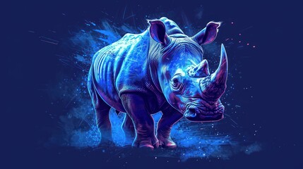  a rhinoceros standing in front of a blue background with a splash of paint on it's face and it's back end in the foreground.