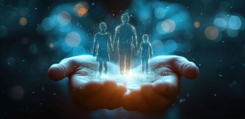 Businessman on blurred background protecting his family with hands 3D rendering