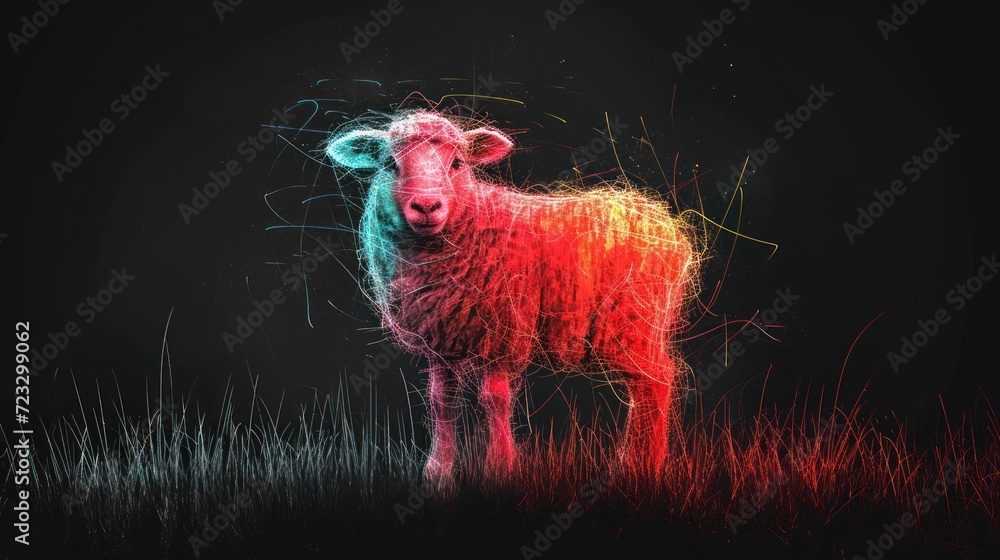 Poster a sheep standing in a field of grass with colored light streaks on it's face and back, in front of a