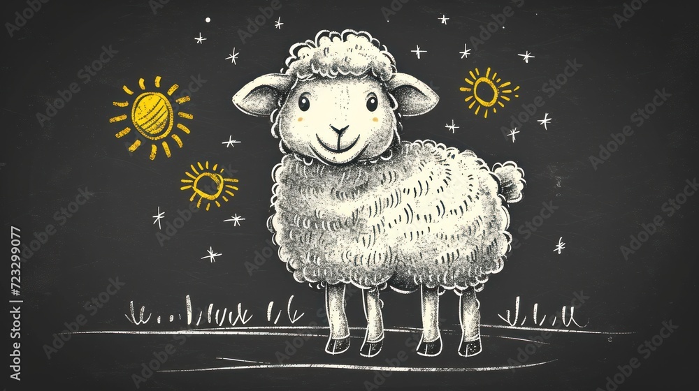 Poster a drawing of a sheep standing in a field with the sun and stars in the sky on a blackboard backgroun