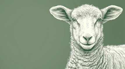  a black and white drawing of a sheep looking at the camera with a sad look on its face, on a green background, with a black and white border.