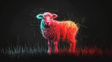  a sheep standing in a field of grass with colored light streaks on it's face and back, in front of a black background of grass and a black background.
