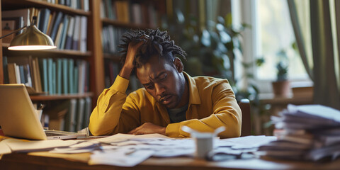 Lost in thought, a man in his 35s sits at a cluttered table in a cozy library, surrounded by bookcases filled with books and papers, his face buried in a book as he sips on his coffee, dressed in cas