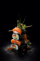 A photo of the sushi set on a black glossy board.