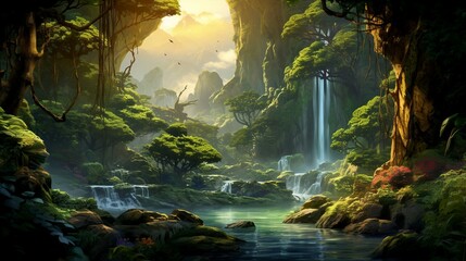 Waterfall lake and in lush green rainforest AI Generated - obrazy, fototapety, plakaty
