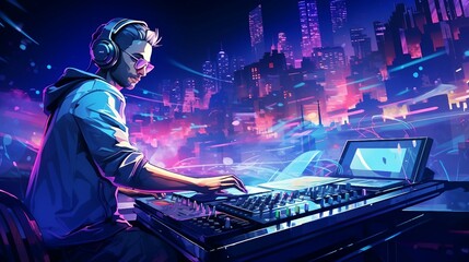Male dj playing music wearing headphones with cityscape in background neon style illustration AI Generated