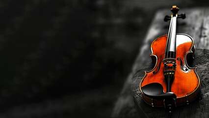 A photo of a symphonic violin lying on a black table - obrazy, fototapety, plakaty
