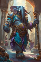 Fototapeta premium Illustration of wizard elephant anthropomorphic character design, elegant academy core colorful detailed.