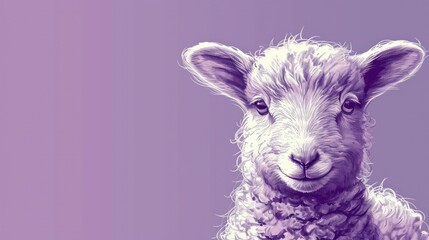  a close up of a sheep's face on a purple and purple background with the sheep's head slightly to the right of it's left side.