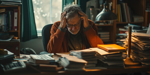 An exhausted writer in his mid-thirties contemplates his next chapter, his tired human face betraying the weight of his literary aspirations as he sits amongst piles of books and cluttered furniture