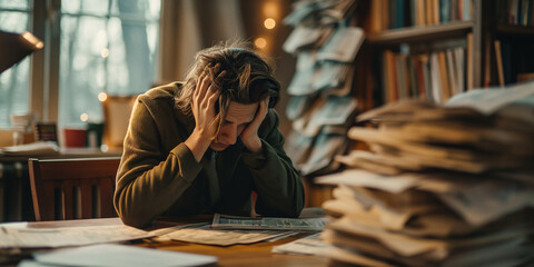 A weary man, surrounded by shelves of books and scattered clothing, rests his head in his hands as he contemplates the weight of his 35 years