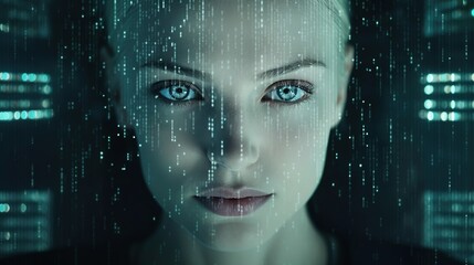 A woman's face on the background of binary code, a face with matrix digital numbers, the theme of artificial intelligence AI with a human face.A person looks into the camera using matrix signs and 