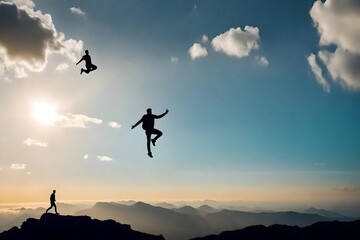 silhouette of a person jumping on a mountain top