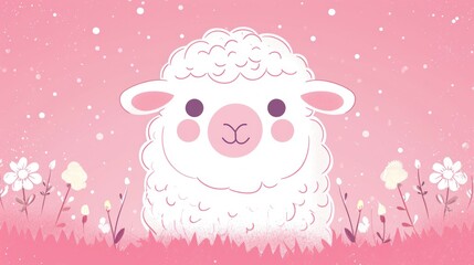  a drawing of a sheep in a field of grass with daisies in the foreground and a pink background with snow falling on the grass and daisies in the foreground.