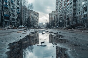 Fototapeta na wymiar Symmetrical Photo Of Desolate Urban Landscape Captures The Aftermath Of A Catastrophic War, Offering Copy Space
