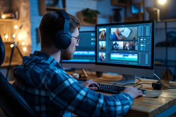 Editor Works On Video Editing At Computer Using Professional Software