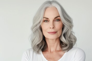 Naklejka premium Elegant Older Woman With Stylish Grey Hair And White Top, Against White Background