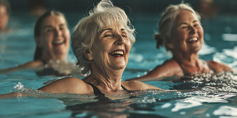 A jubilant group of middle-aged adults enjoy a refreshing dip in the sparkling pool, their radiant faces illuminated by the warm sun and their spirits lifted by the invigorating sport of swimming - obrazy, fototapety, plakaty