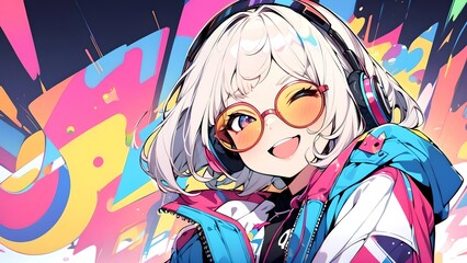 Vector drawing, cute anime girl with headphones, anime wallpaper 