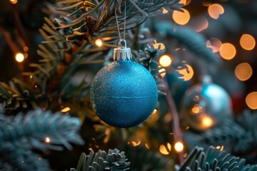 Festive Blue Ball Ornament Hangs On Christmas Tree Branch With Bokeh Lights