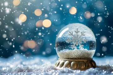 Festive Snow Globe With Falling Snowflakes On Glittering Background
