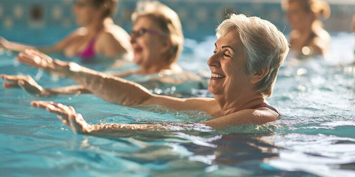 Five middle-aged women bask in the sun, their youthful smiles and colorful swimsuits a testament to the joy and vitality of swimming at the outdoor leisure centre
