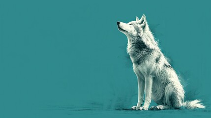  a white wolf sitting on the ground with its head turned to the side, looking up at something in the sky, with its eyes closed and mouth wide open. - obrazy, fototapety, plakaty