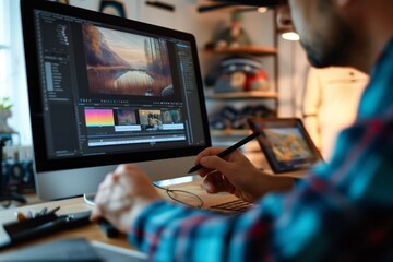 Graphic Designer Using Touchscreen Monitor And Stylus Pen To Edit Images Photographer Retouching Photos