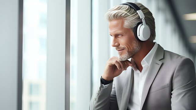 Business trip. corporate and people concept. male in a gray suit. senior with tablet and headphone.