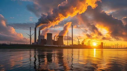 Outdoor kussens Industrial landscape with power plant polluting the atmosphere at sunset. © lublubachka