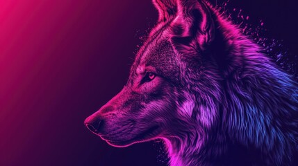  a close up of a wolf's head on a purple and pink background with a red and blue light shining through the wolf's eyes and the wolf's head.