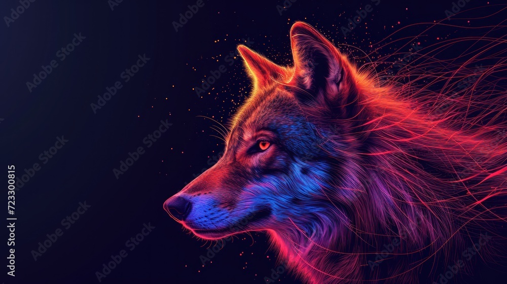 Poster a close up of a wolf's face on a black background with red and blue lines in the foreground and on t
