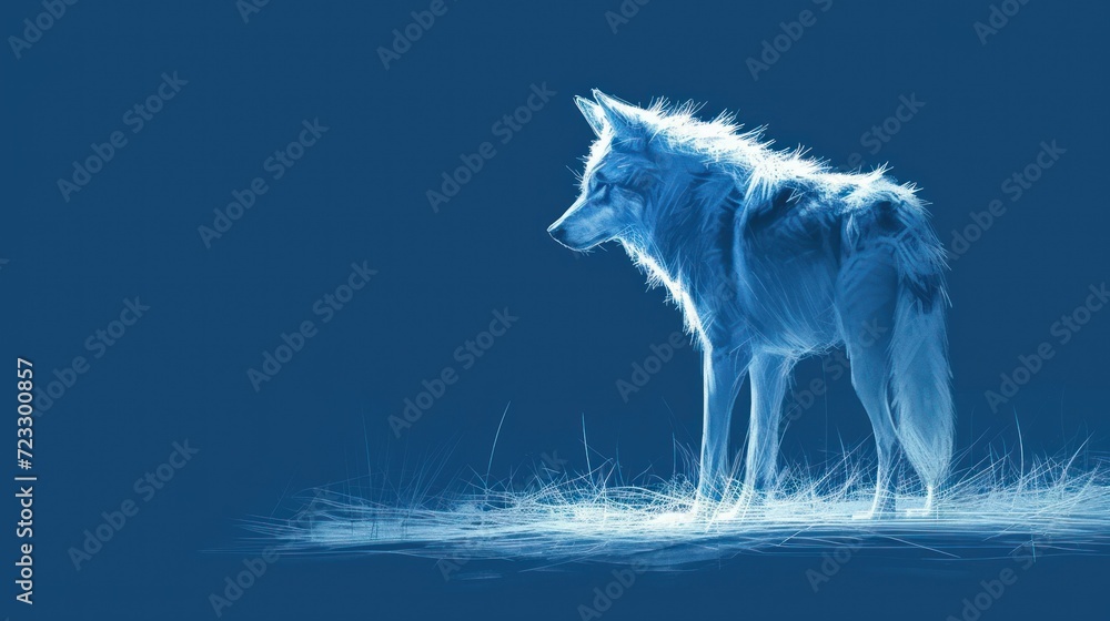Poster a wolf standing in the middle of a field with snow on the ground and grass on the ground in front of