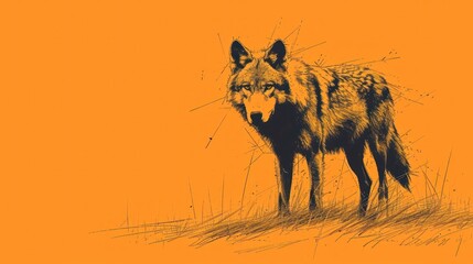  a drawing of a wolf standing on top of a dry grass covered field in front of an orange background and a black and white drawing of a wolf in the foreground.