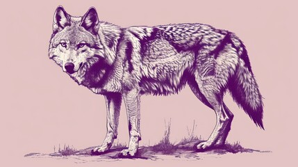  a drawing of a wolf standing on top of a grass covered field in front of a pink background with the wolf's name on it's left side.