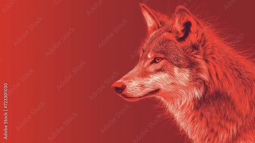 Poster a close up of a wolf's face on a red and red background with a blurry image of the wolf's head and t