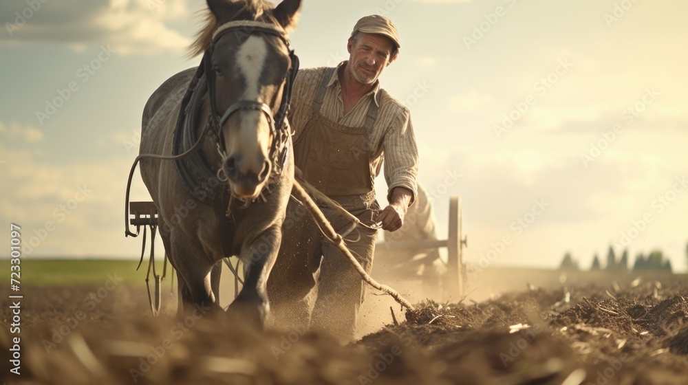 Aufkleber a man is seen plowing a field using a horse. this image can be used to depict traditional farming me