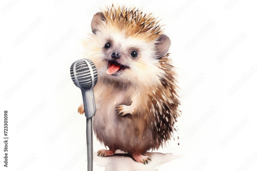 Poster a hedge is holding a microphone in its paws. this image can be used for various purposes