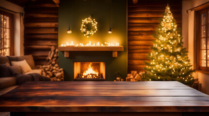 Wood table with christmas tree and fireplace and copy space