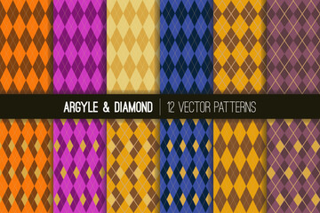 Argyle and Diamond Seamless Vector Patterns in Navy, Blue, Gold, Burnt Orange and Purple Diamonds with Solid Gold Line. Pack of  Twelve Harlequin Style Backgrounds. Repeating Pattern Tile Swatches - 723301063