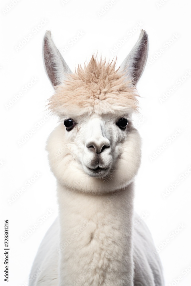 Poster a close-up view of a llama wearing a furry hat. this picture can be used for various purposes