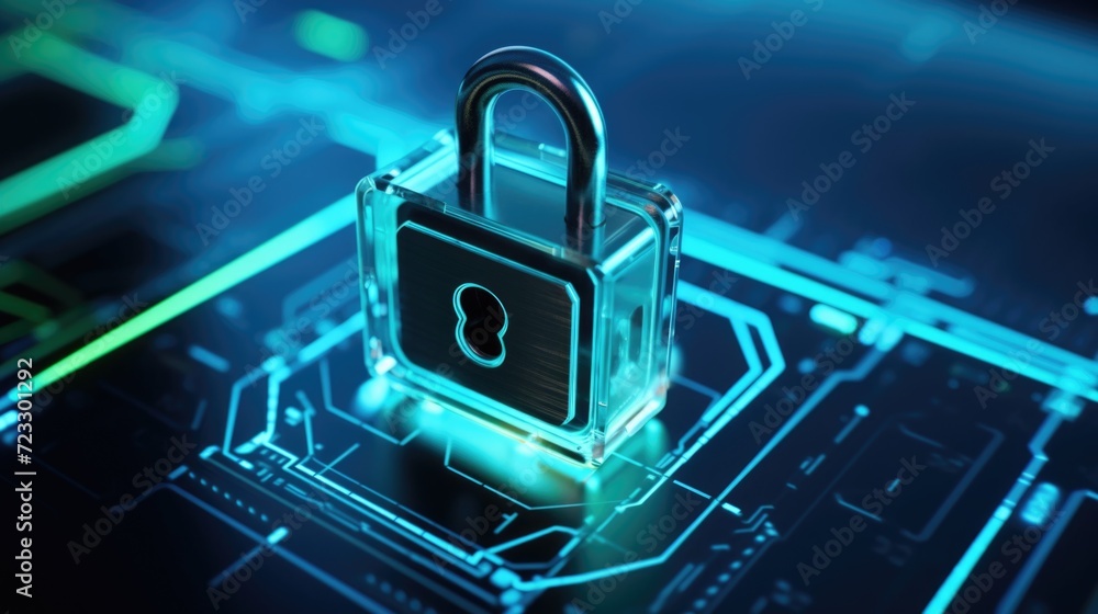 Leinwandbilder A padlock securely placed on top of a circuit board. This image can be used to represent cybersecurity, data protection, or digital security concepts