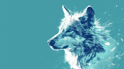 a close up of a wolf's face with water splashing on it's face and the background is blue and has a white outline of the wolf's head.