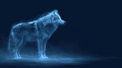  a white wolf standing on top of a blue floor next to a black background and a blue background with a white wolf standing on top of it's legs.