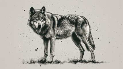  a black and white drawing of a wolf standing on top of a grass covered field in front of a light gray background with splots of black dots on the ground.