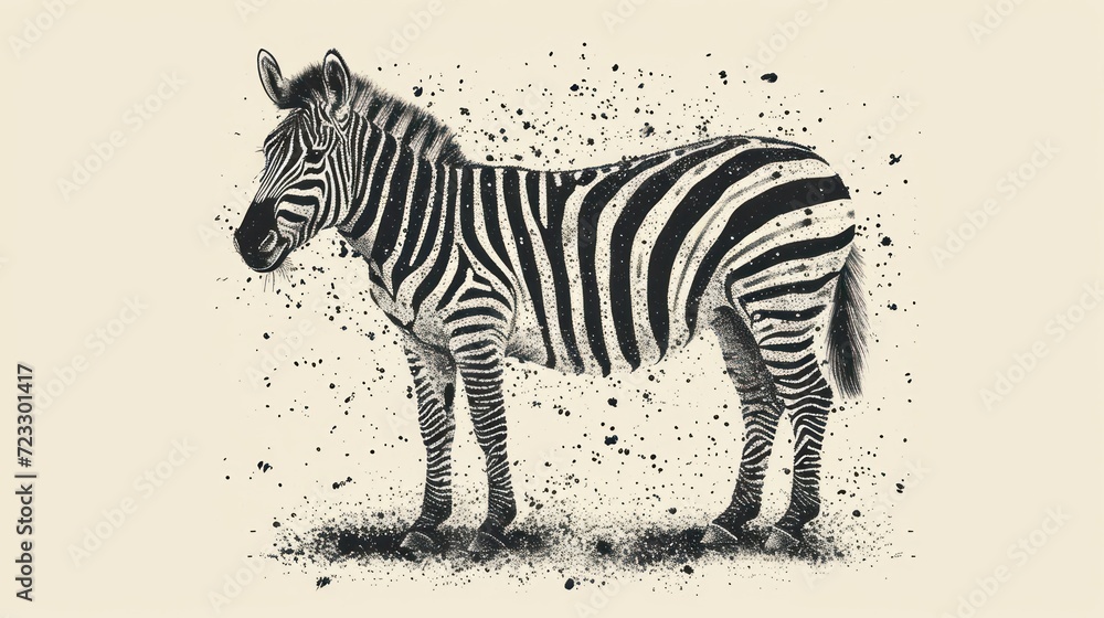 Aufkleber a black and white drawing of a zebra on a white background with a splash of paint on the back of the