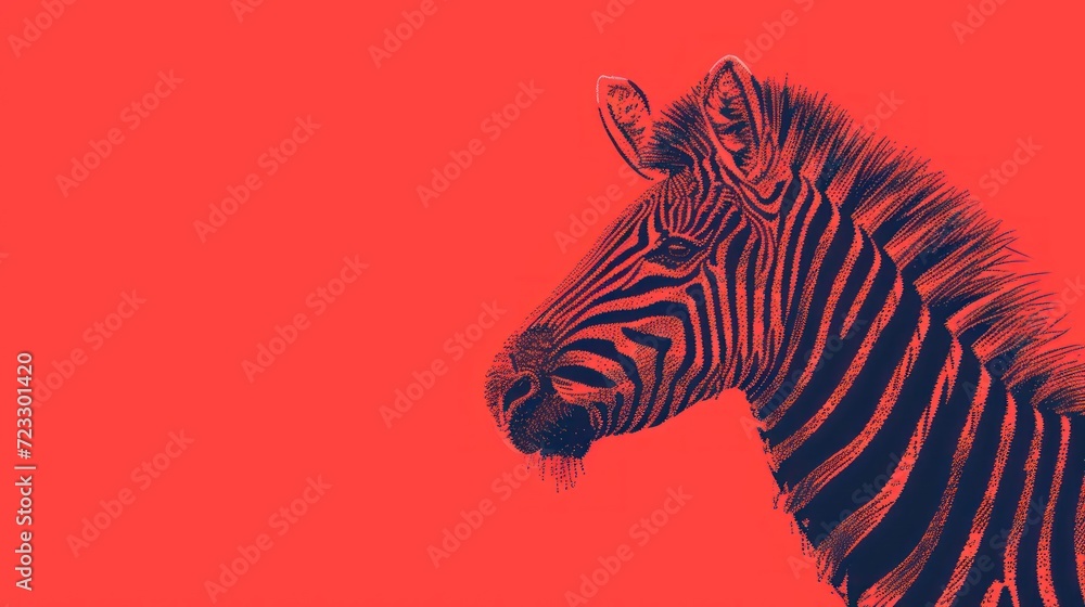 Poster a close up of a zebra's head on a red background with a black and white image of a zebra's head on a