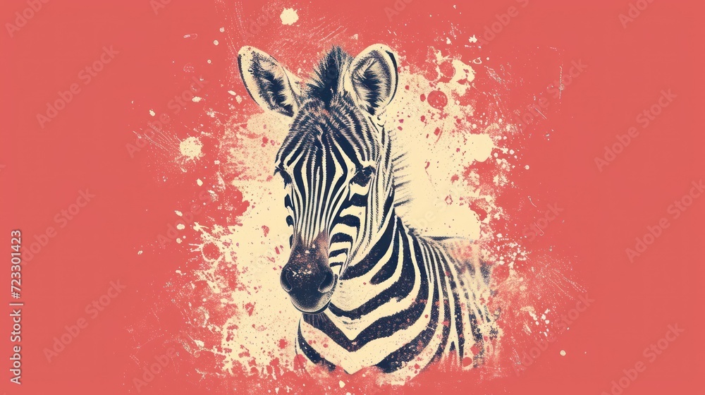 Aufkleber a close up of a zebra's face with paint splatters on the back of it's head and a red background with