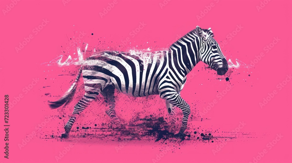 Aufkleber a zebra running on a pink background with a splash of paint on the zebra's back and the zebra's tail